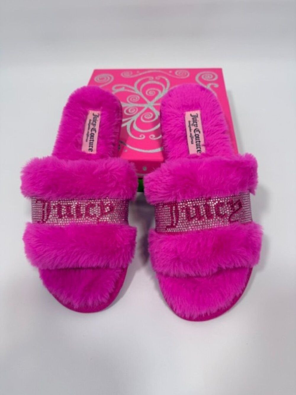 NWOT Juicy Couture Y2K Slippers Rhinestones Pink Fuzzy XL